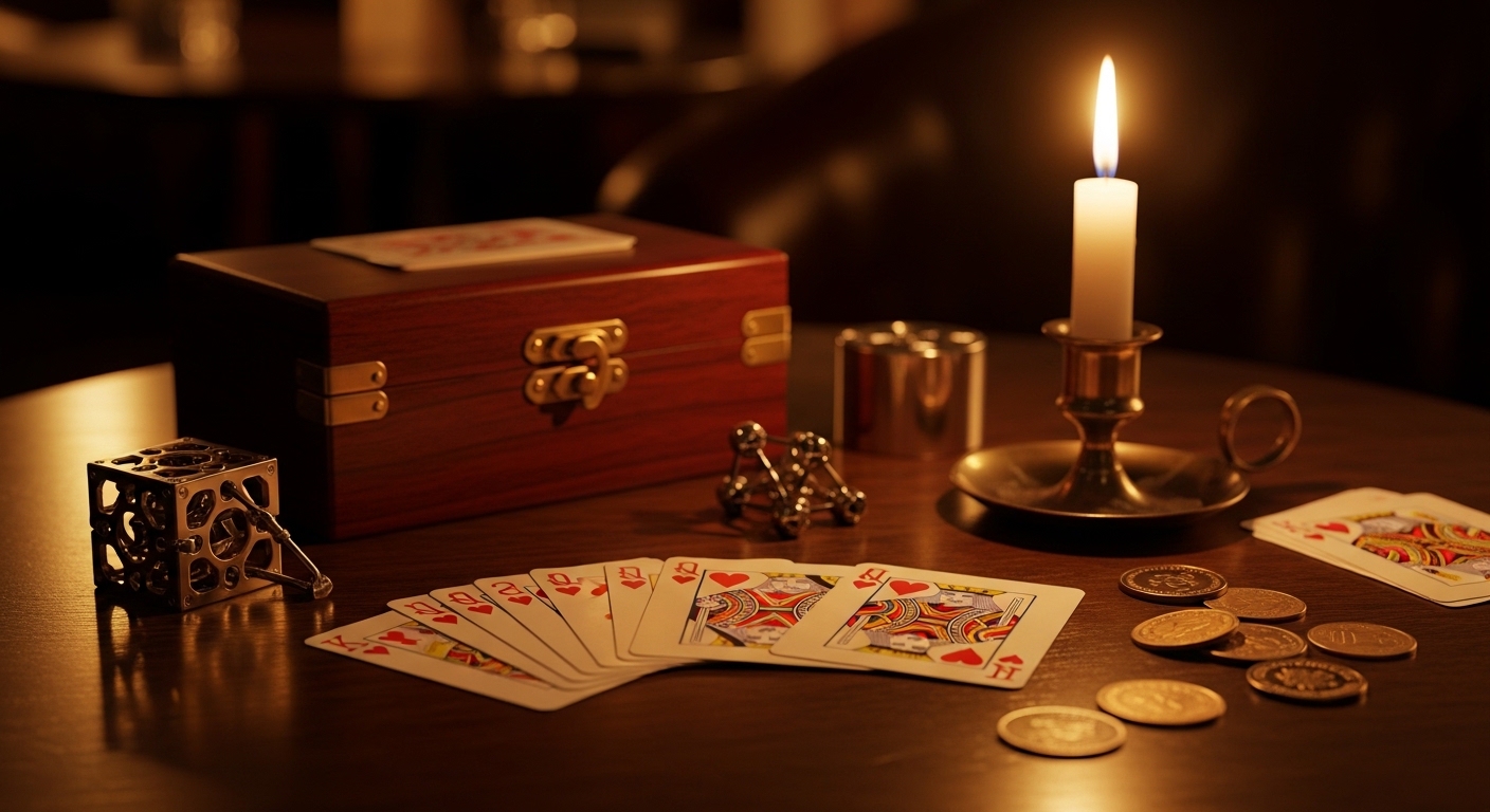 トランプや小道具が静かに置かれたテーブルの写真