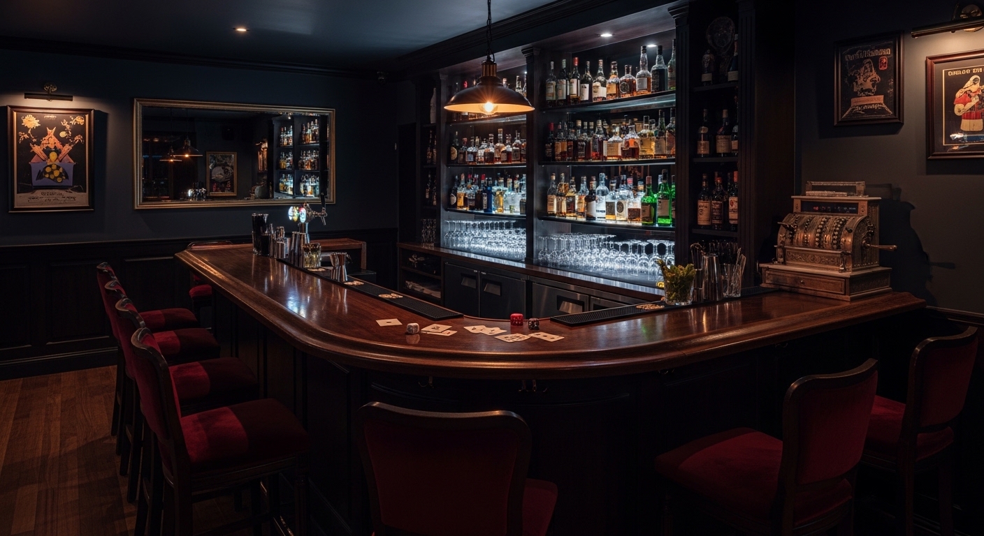 Magic Bar ENCORE の店内メインビジュアル。静かな照明のカウンターと奥に小さなステージが見える夜の空間