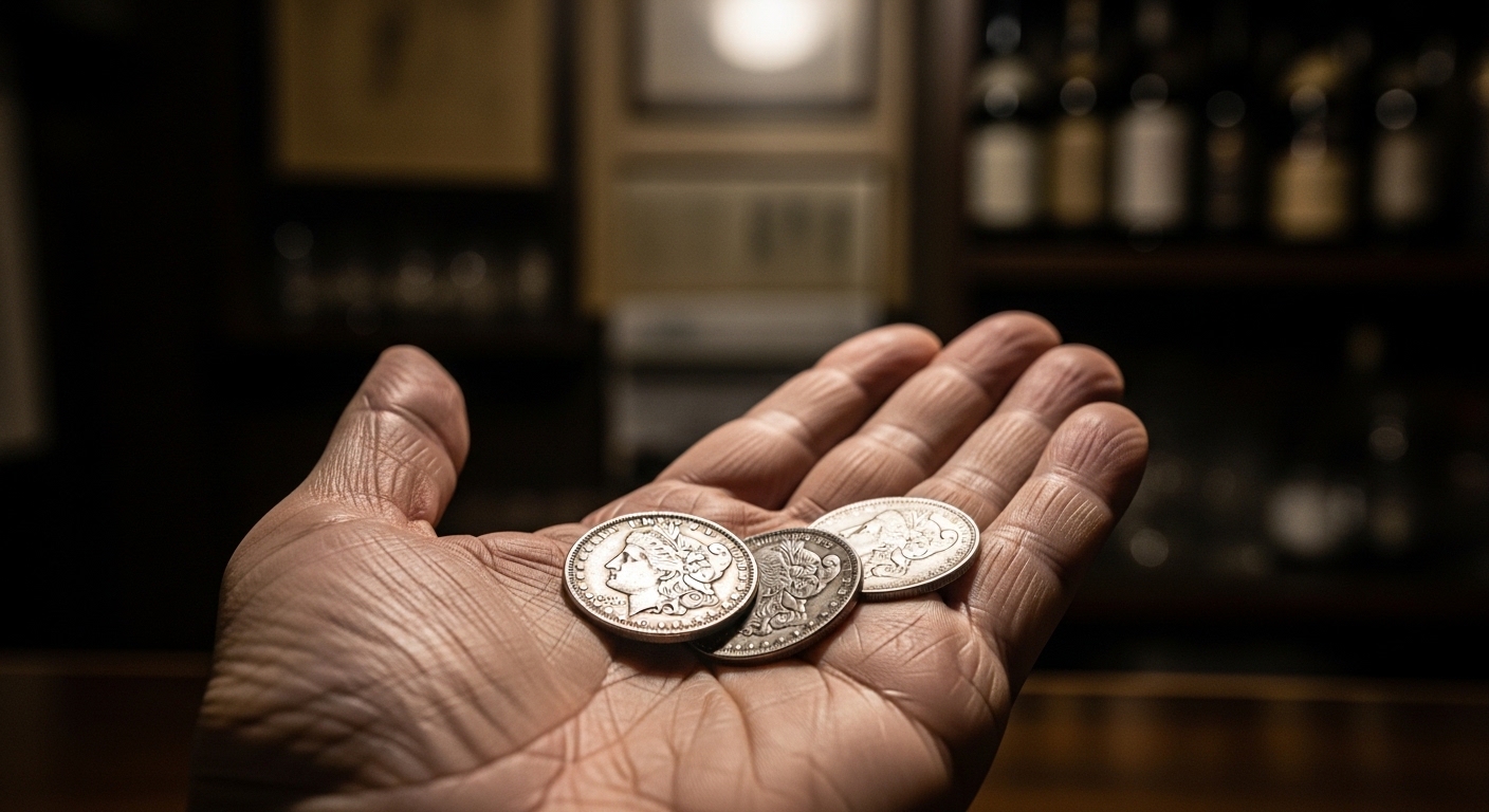 トランプや小道具が静かに置かれたテーブルの写真。演目の前後を想起させる